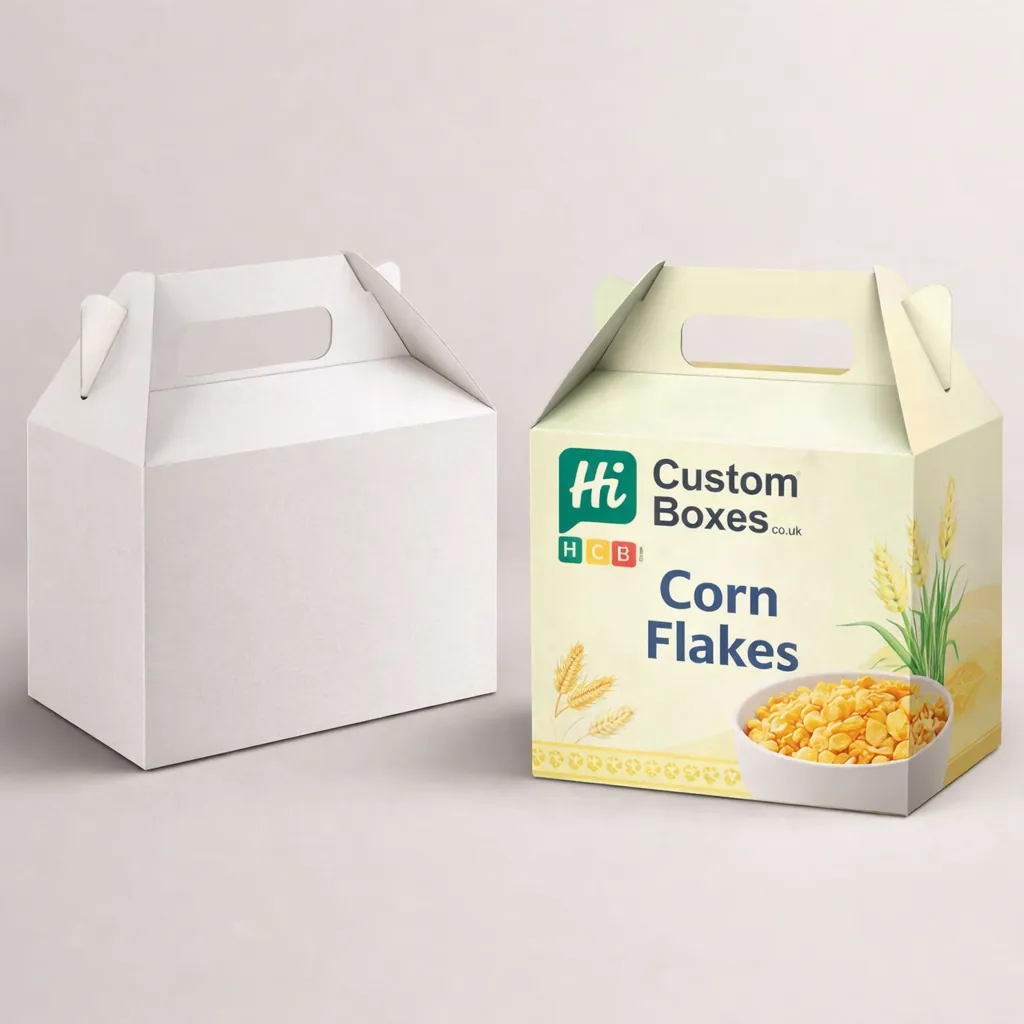 Custom printed white cereal gable boxes with a built-in handle for convenient carrying and gift packaging. class=